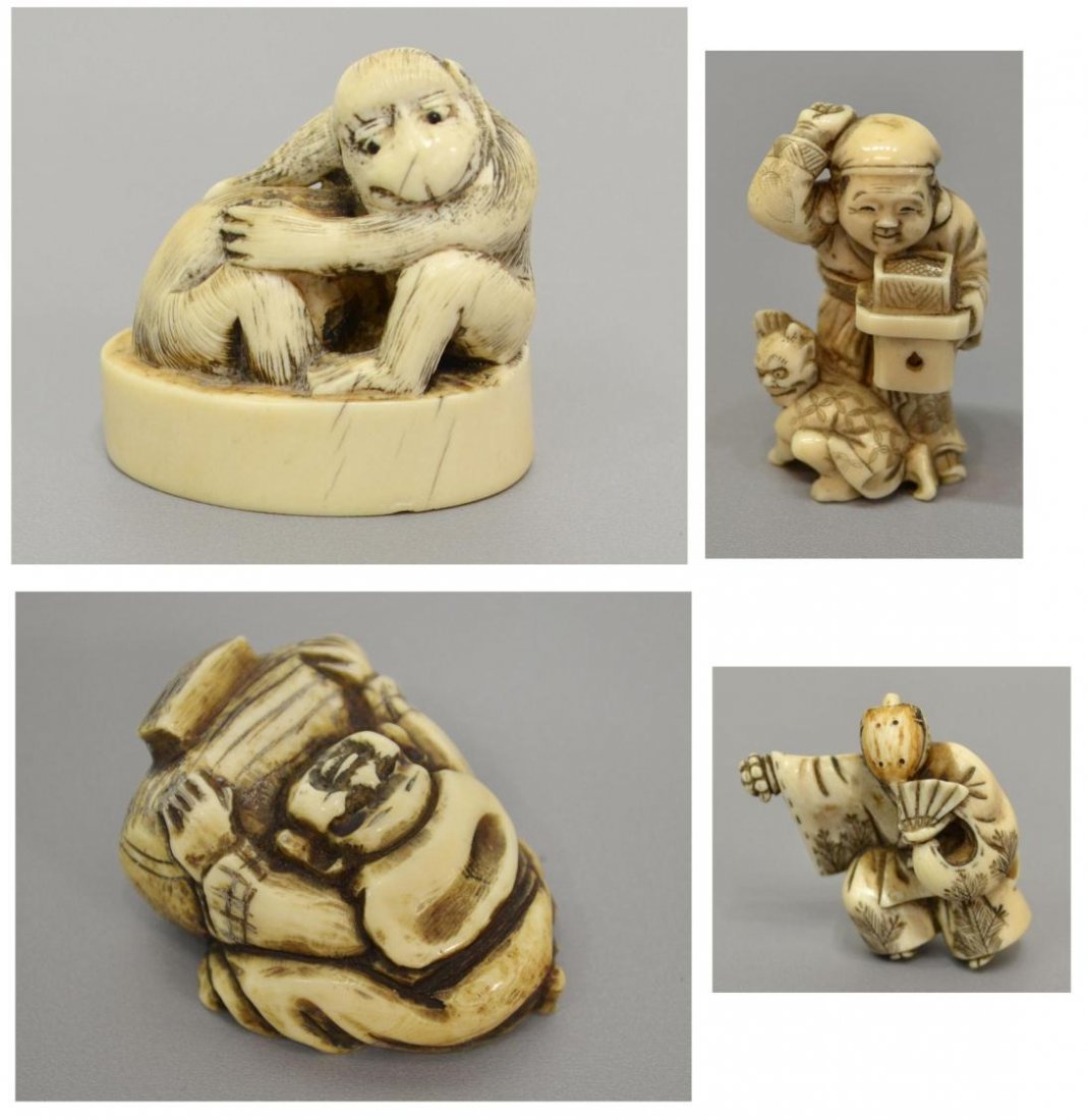 (4) COLLECTION OF JAPANESE IVORY FIGURAL CARVINGS: **International shipping is not available on this lot** (lot of 4) Small Japanese ivory carvings, including: (1) netsuke of Daikoku throwing beans in the Setsubun ritual, a small demon at his feet, si