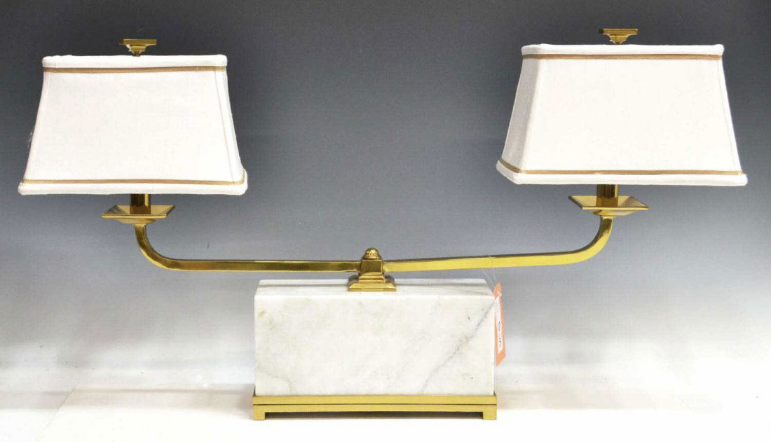 FINE MAIITLAND-SMITH MARBLE TWO-LIGHT TABLE LAMP: Maitland-Smith table lamp, two-lights on gilt metal arms, marble base, overall: 17.75"h, 30.25"w, 30.75lbs **Provenance: Lou's Antiques and Fine Furnishings, Tulsa, OK** Start Price: $150.00