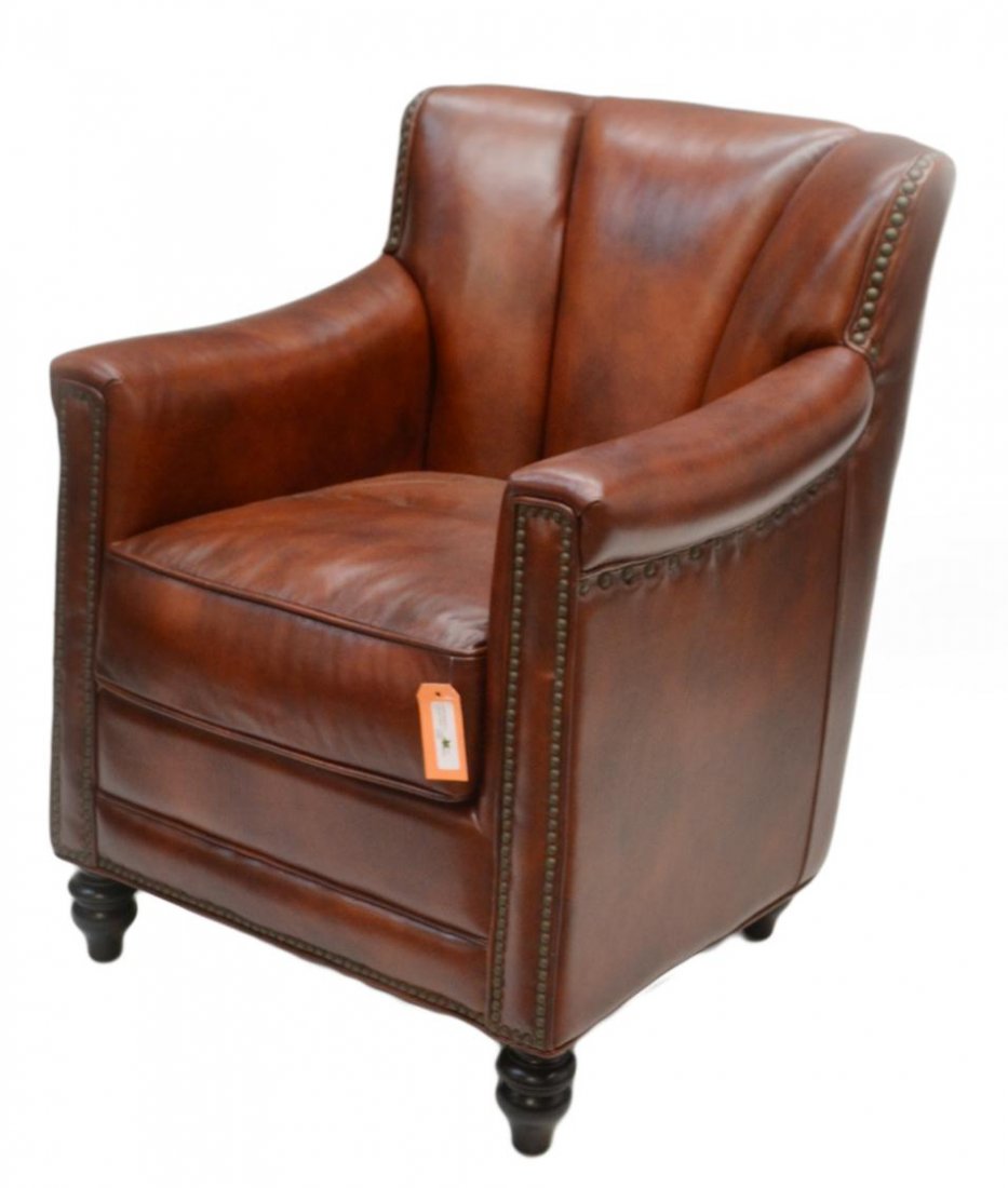 COGNAC COLOR "GIBSON" LEATHER CLUB CHAIR: "Tri-Color Cognac Gibson" chair, Palatial Furniture Company, North Carolina, leather with brass nail heads, set on turned tapered legs, 38.25"h, 30"w, 27"d **Provenance: Lou's Antiques and Fine Furnis