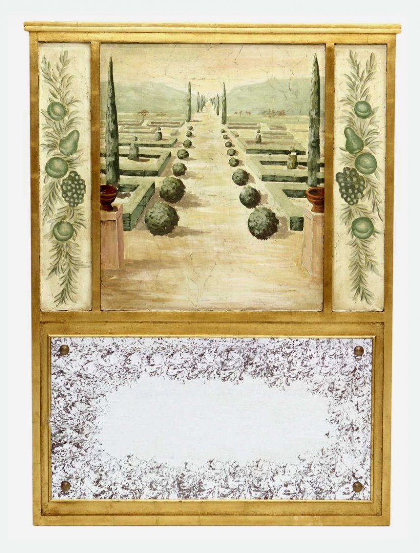 ANTIQUED GILTWOOD TRUMEAU MIRROR: Giltwood trumeau mirror, polychromed panel featuring a garden scene with a sense of atmospheric perspective, flanked by two vines of fruit, mirror below in an antiqued finish, 60.25"h, 42.25"w, 1.75"d