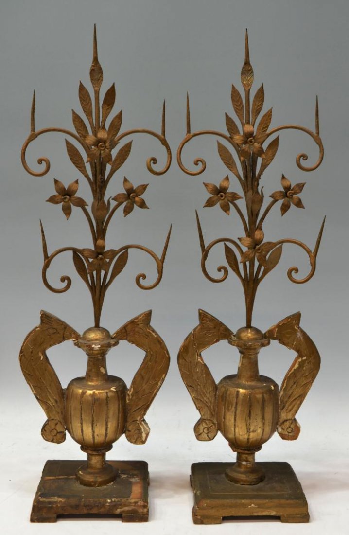 19TH C. FRENCH GILDED CANDLE PRICKET ALTAR LIGHTS: (pair) French candle pricket altar lights, 19th c., five prickets on the gilt metal foliated body, rising from the vasiform vase with stylized bird handles, worn gesso over wood, wear, restoration con