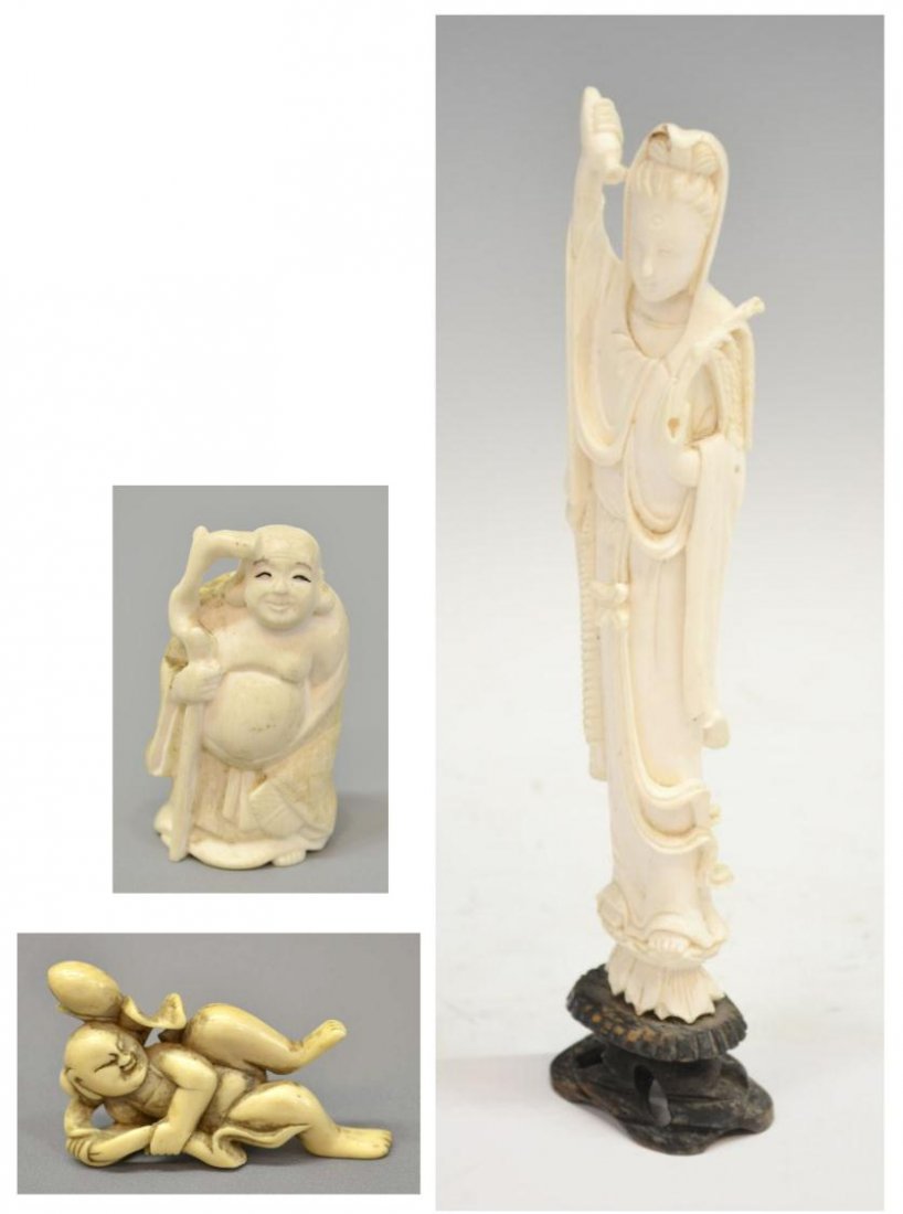 (3) ASIAN IVORY FIGURAL CARVINGS: **International shipping is not available on this lot** (lot of 3) Asian ivory carvings: (1) Chinese figure of Guanyin standing with an amphora and willow sprig, with wooden stand , 8"h, on base: 9"h;