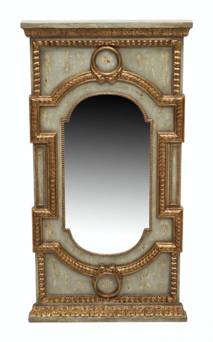 JOHN RICHARD PARCEL GILT BEVELED WALL MIRROR: John Richard beveled mirror, having a gilt beaded trim in an antiqued painted wood frame with gilt foliate decoration in high relief, 51.5"h, 27.5"w, 2.75"d, 38.5lbs **Provenance: Lou's Antiques and F