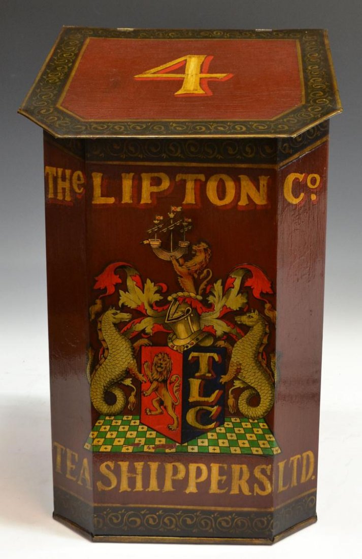 LARGE 'LIPTON TEA COMPANY #4' STORAGE TIN: Large 'The Lipton Company' storage tin, the slanted hinged top marked with number 4, the body showing heraldic decoration, approx. 21"h, 12.5"w, 11.5"d, 5.5lbs **Provenance: Lou's Antiques and Fine Fu