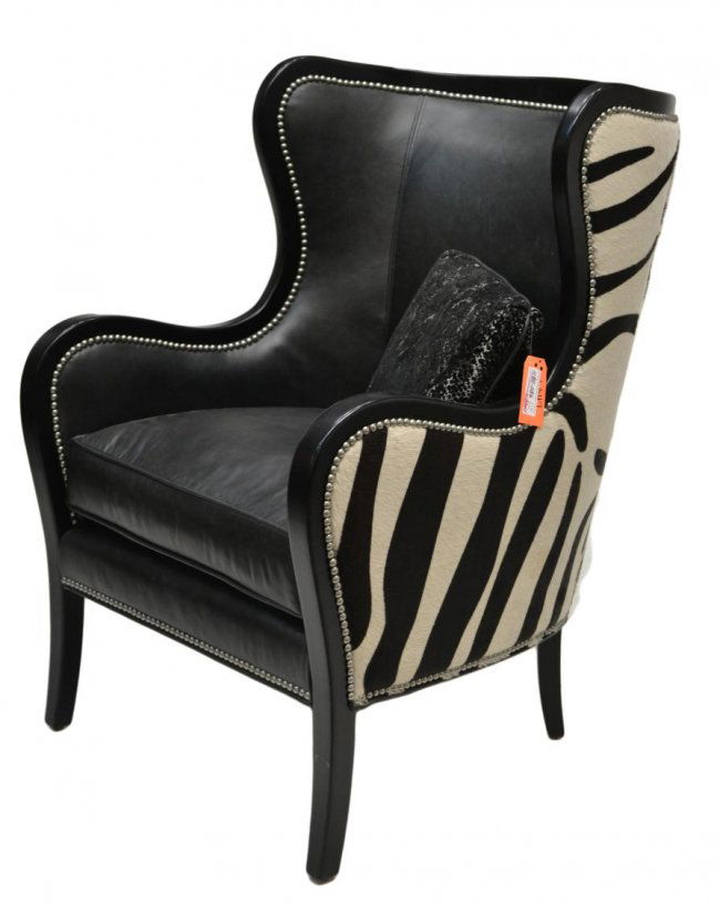 160 BLACK LEATHER & ZEBRA UPHOLSTERED WING CHAIR Lot 160