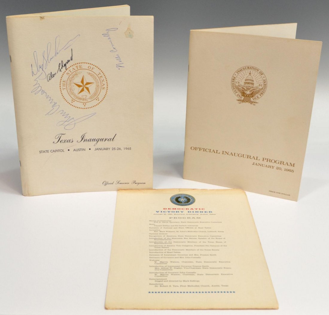 1965 PRESIDENT INAUGURATION ITEMS, ALAN SHEPARD: (lot of 3) Items relating to the Texas Inaugural celebration of President Lyndon B. Johnson, held in Austin, January 25-26, 1965: (1) Official Souvenir Program, ink autographed at cover: John Connally