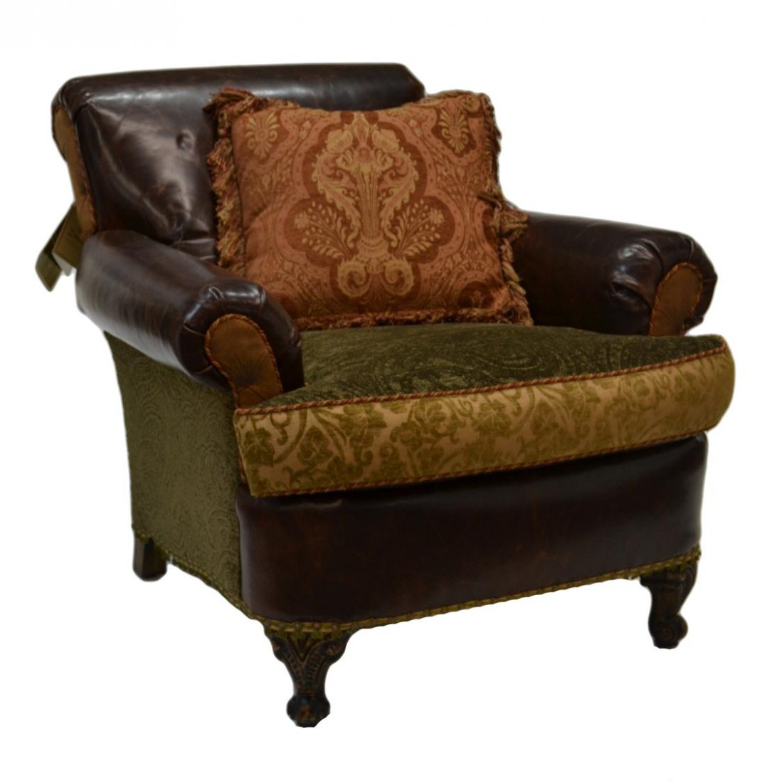 RICH BROWN LEATHER & FABRIC CLUB CHAIR: Brown leather and fabric club chair and loose pillow, Jeff Zimmerman Collection for Key City Furniture, North Carolina, 32.5"h, 37"w, 40"d **Provenance: Lou's Antiques and Fine Furnishings, Tulsa, OK*