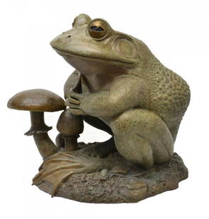 LARGE PATINATED BRONZE FROG, SPELLBOUND, KIM KORI: Large patinated bronze sculpture, 'Spellbound', by Kim Kori (American, 20th c.), signed and dated 1998, "second in a series of four, the frog is contemplating being human versus being a frog and is be