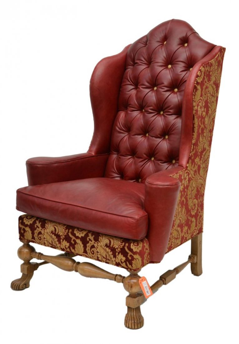 HIGH WING BACK BUTTONED LEATHER & FABRIC CHAIR: Parker Southern leather and fabric wingback chair, buttoned and tufted red leather with gilt and red brocade fabric, set on front paw feet with turned stretchers, 54"h, 38"w, 29.5"d **Provenance: Lou'