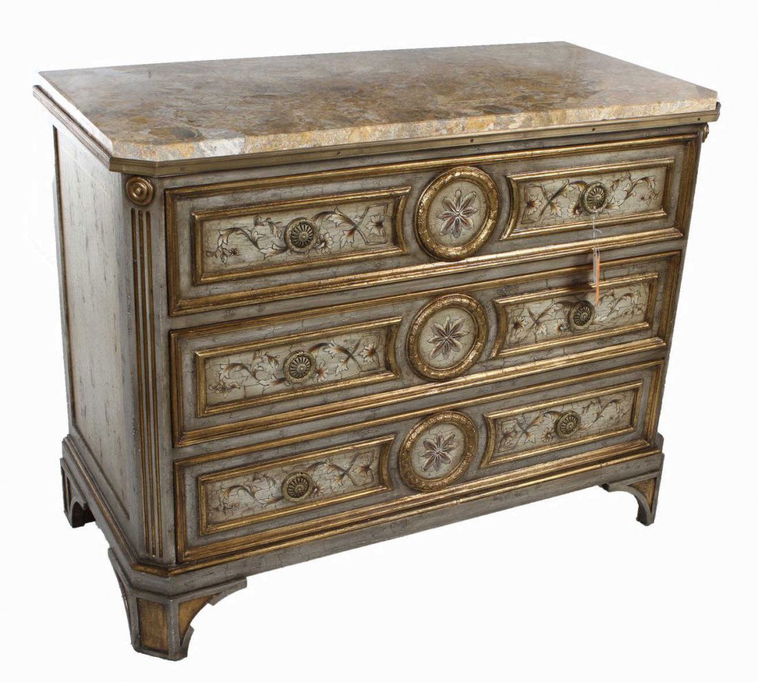 JOHN RICHARD MARBLE TOP CHEST: John Richard chest with marble top set over three drawers with antiqued pewter and gilt accented finish, 38"h, 47.25"w, 23"d **Provenance: Lou's Antiques and Fine Furnishings, Tulsa, OK** Start Price: