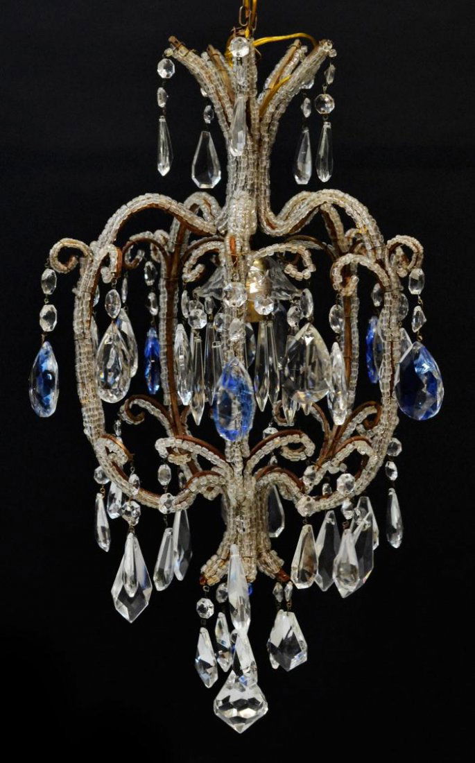 ITALIAN CRYSTAL SINGLE-LIGHT BASKET CHANDELIER: Vintage Italian single-light crystal basket chandelier, 20th c., the beaded frame hung with blue and colorless crystal prisms and swags, in need of re-wiring, approx. 23.5"h, 14"w, (A2) Start Price: $