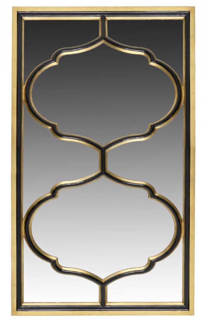 LARGE JOHN RICHARD DESIGN 'SURYA' MIRROR: Large John Richard 'Surya' mirror, bell form thick beveled mirrors set in a gilt and black frame, 67"h, 36.25"w, 2.25"d, 84.25lbs **Provenance: Lou's Antiques and Fine Furnishings, Tulsa, OK** Start P