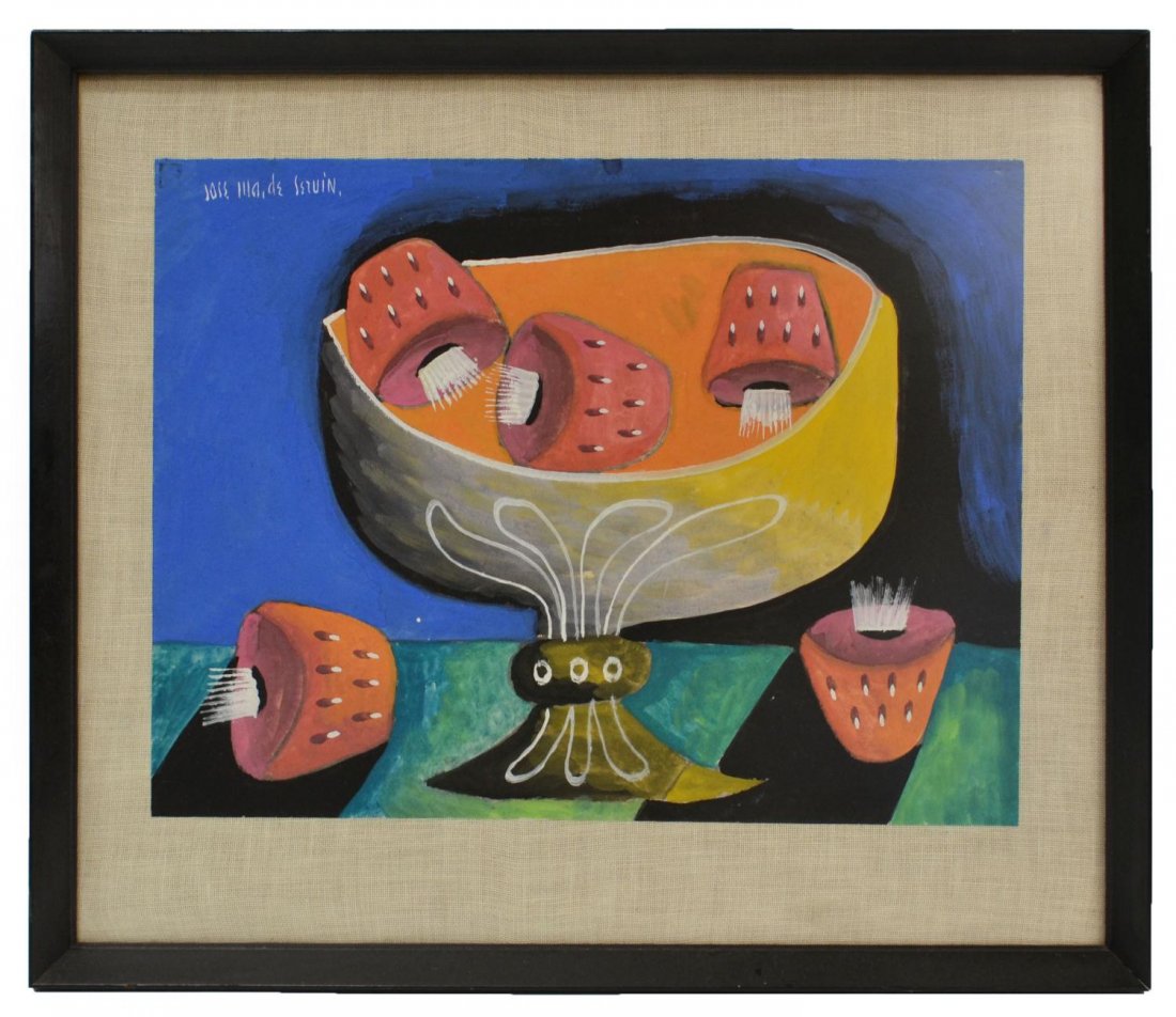 PAINTING, ABSTRACT, JOSE MARIA DE SERVIN, MEXICO: Framed painting on paper, abstract still life fruit, Jose Maria de Servin (1917-1995), Mexico, signed upper right, sight: 14.75"h, 19.25"w, overall: 21"h, 24.75"w, 7lbs Start Price: $100.00