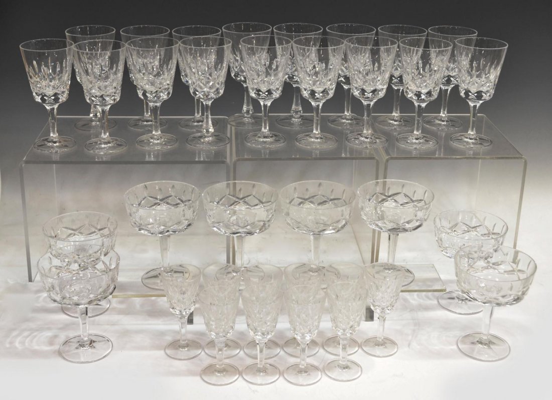 (35) GORHAM CRYSTAL 'KING EDWARD' STEMWARE SERVICE: (lot of 35) Gorham crystal 'King Edward' stemware service, comprising: (17) wine glasses, 6.25"h; (8) champagne/tall sherbet glasses, 5"h; (10) cordial glasses, 4.5"h; unmarked, 17.5lbs total Start Pr