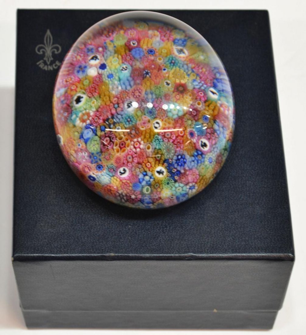 BACCARAT MILLEFIORI PAPERWEIGHT ORIGINAL BOX: Vintage Baccarat limited edition millefiori paperweight with complex and silhouette cane designs including the Zodiac symbols, numbered 53, dated 1971, retaining original box, 3"d, 1.75lbs Start Price