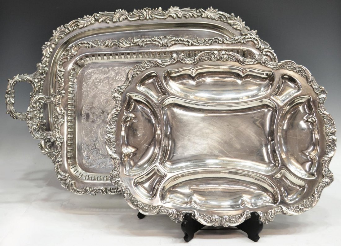 (3) FINE COLLECTION OF SILVER PLATE SERVICE TRAYS: (lot of 3) Group of silver plate service wear, comprising: (1) Poole Old English E.P.C. sectioned tray, 18"d; (1) Community Ascot Victorian style tray, 24.5"d; (1) Sheffield Goldfeder Silverware Co. t