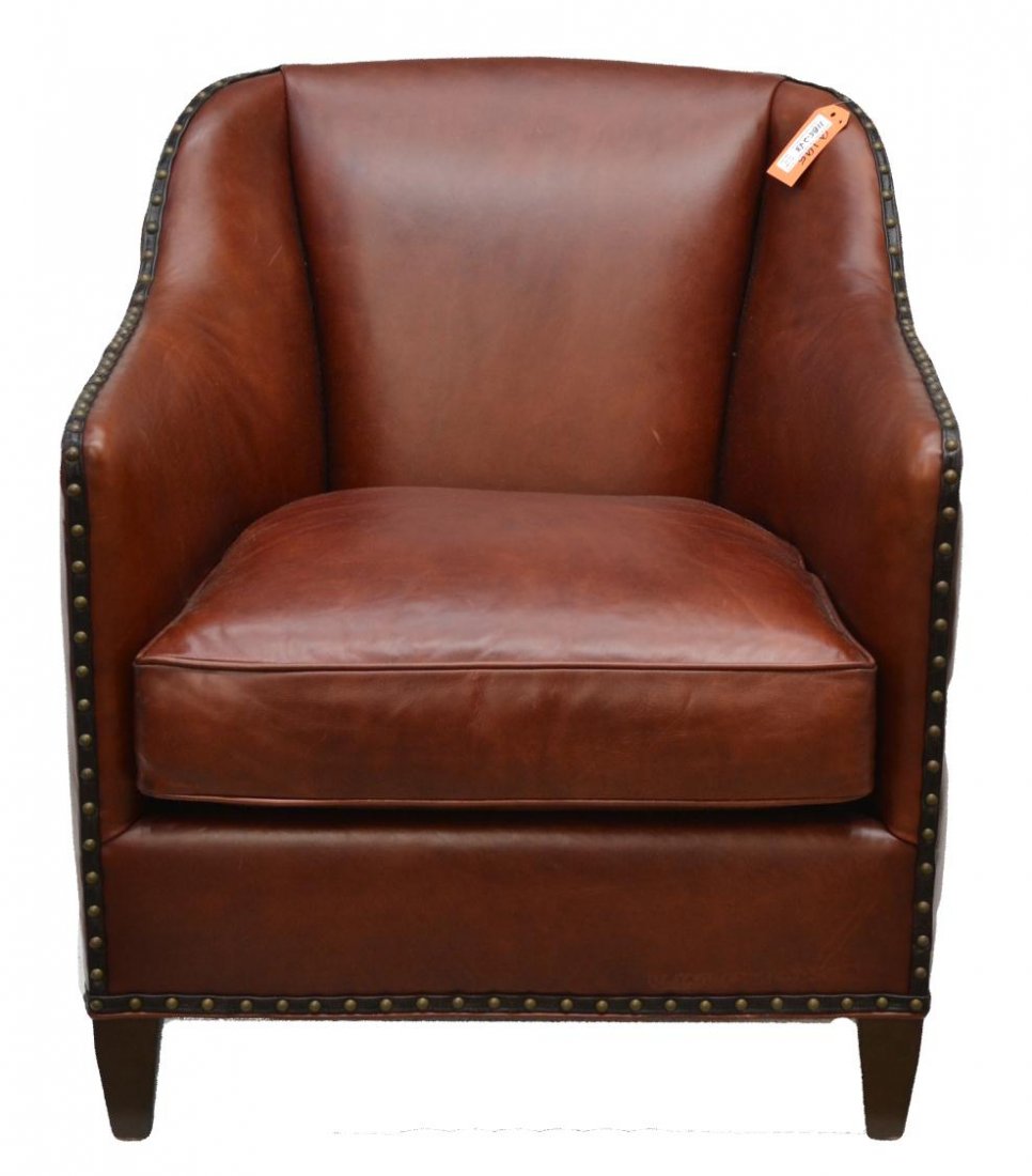 TAYLOR KING LEATHER ARM CHAIR: Leather chair, Taylor King, North Carolina, new, low back arm chair with "Doral Cinnabar" color leather, brass nail heads, tapered squared front legs, scuffs marks on leather, 32.25"h, 29"w, 27"d **Pr