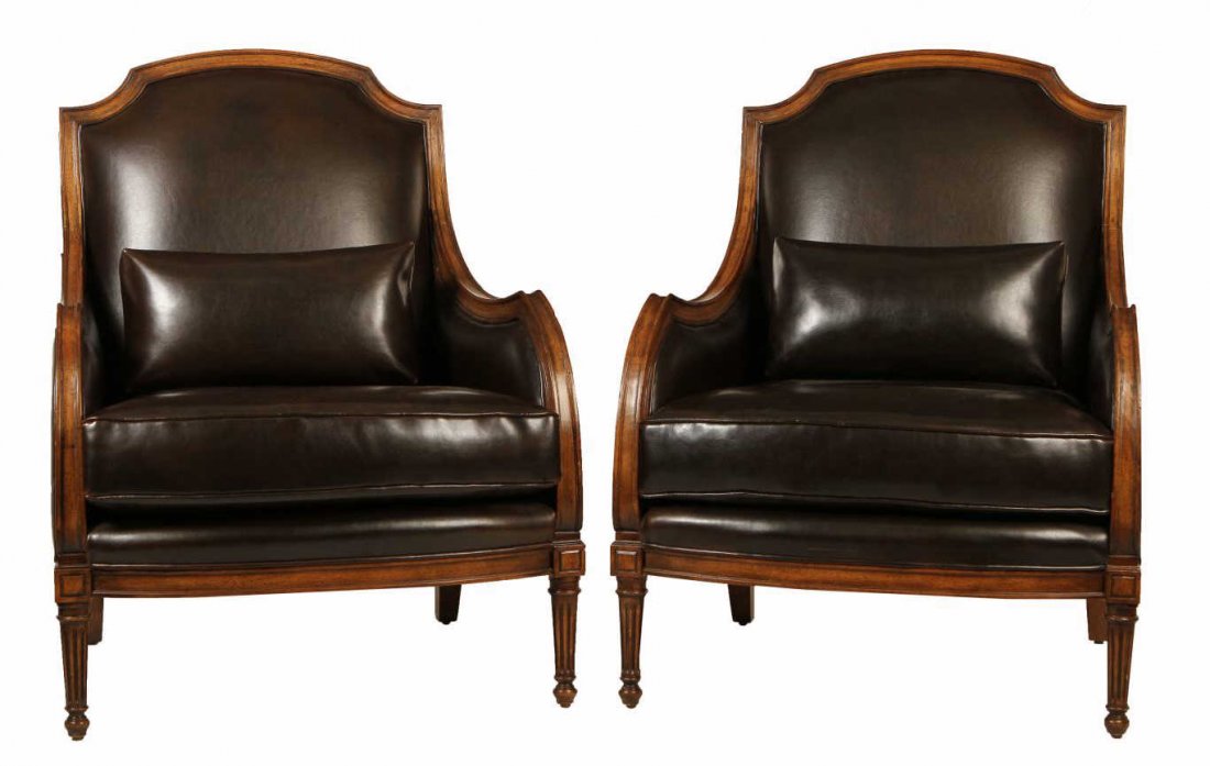 (PAIR) JOHN RICHARD LEATHER CHAIRS: (pair) John Richard fruitwood framed Louis XVI style chairs, each with rich, dark brown leather upholstery, set on tapered ribbed legs, 39.5"h, 30"w, 26"d **Provenance: Lou's Antiques and Fine Furnish