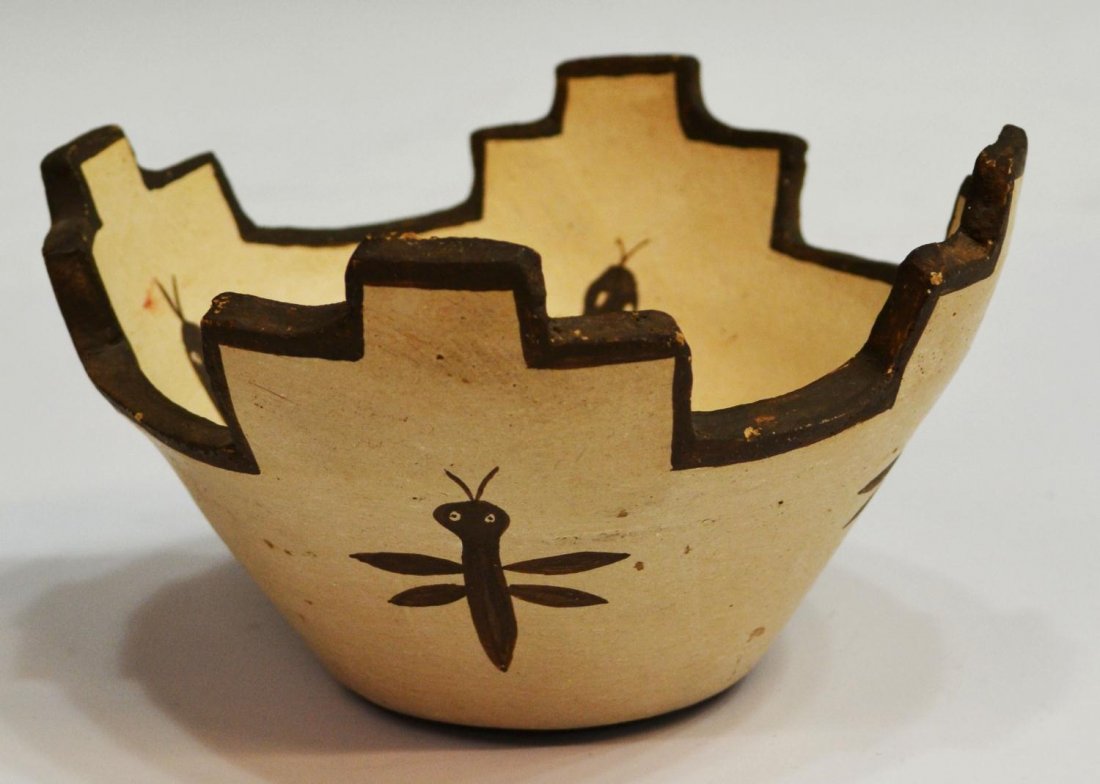 AMERICAN INDIAN POTTERY BOWL, JOSEPHINE NAHOHAI: Native American pottery bowl having a stepped rim, exterior with dragonfly design and interior having snake decoration, signed underfoot Josephine Nahohai Zuni New Mexico (1912-2007), 3.5"h, 6.5"diam,