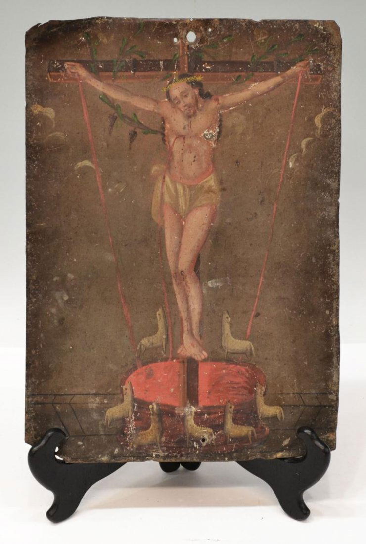 19TH C RELIGIOUS RETABLO, THE CRUCIFIED CHRIST: Mexican retablo on tin depicting the crucified Christ with animals gazing up, 19th c., some loss of paint and wear with age, 14"h, 10"w, .25lb Start Price: $100.00