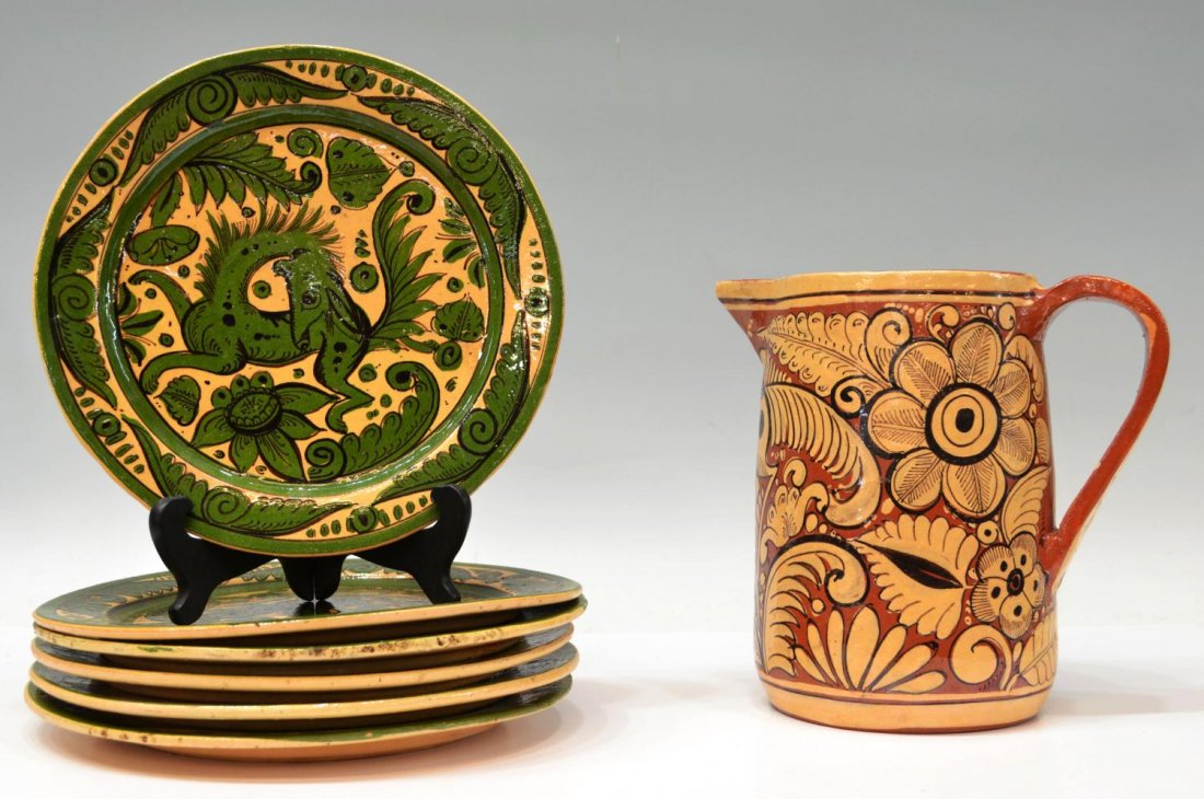 (7) VINTAGE MEXICAN 'FANTASIA' STYLE KITCHENWARE: (lot of 7) Vintage Mexican kitchenware: (6) set of green plates with 'Fantasia' style pattern including dragons and flowers, 9.75"d; (1) 'Fantasia'-style pitcher with dragons and decorative patterns, 
