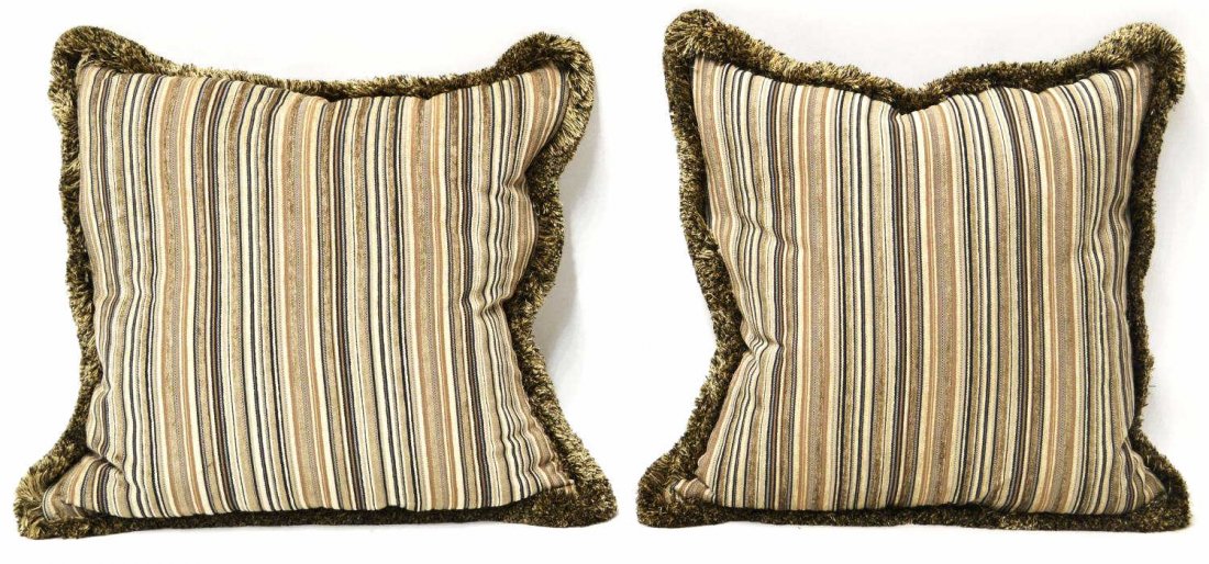 PAIR CUSTOM FRINGED THROW PILLOWS: (pair) Custom throw pillow with black, tan, and grey stripes of varying widths, some stripes with felt, fringed edging, 22"h, 22"w, 7.25lbs total **Provenance: Lou's Antiques and Fine Furnishings, Tul