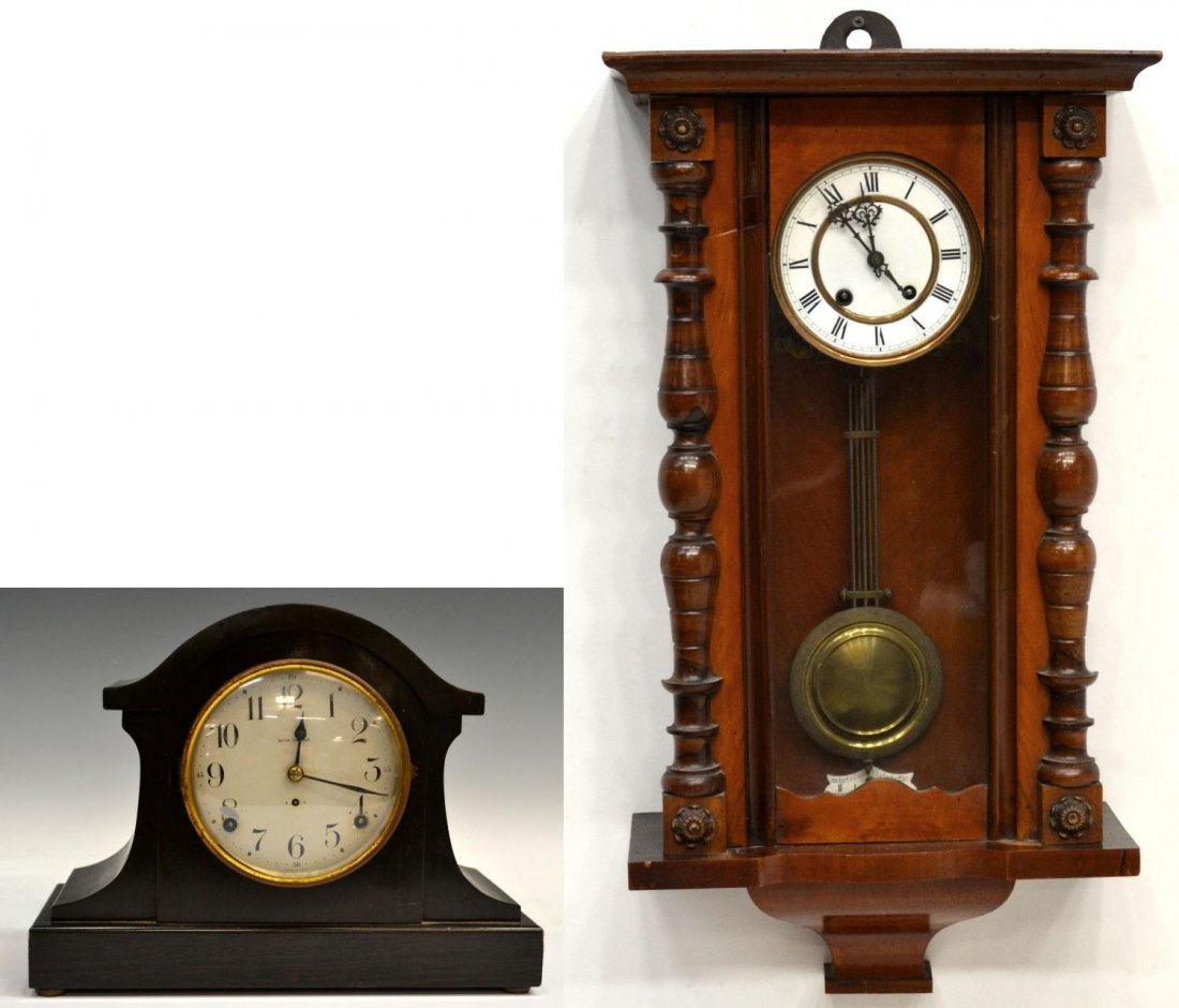 (2) VIENNA REGULATOR CLOCK & SETH THOMAS CLOCK: (lot of 2) Clocks: (1) Vienna regulator wall clock by Werner Deponirt, walnut case lacking finials and upper decoration, porcelain dial Roman numerals, 26,5"h, 14"w, 7"d; (1) Seth Thomas mantle clock,