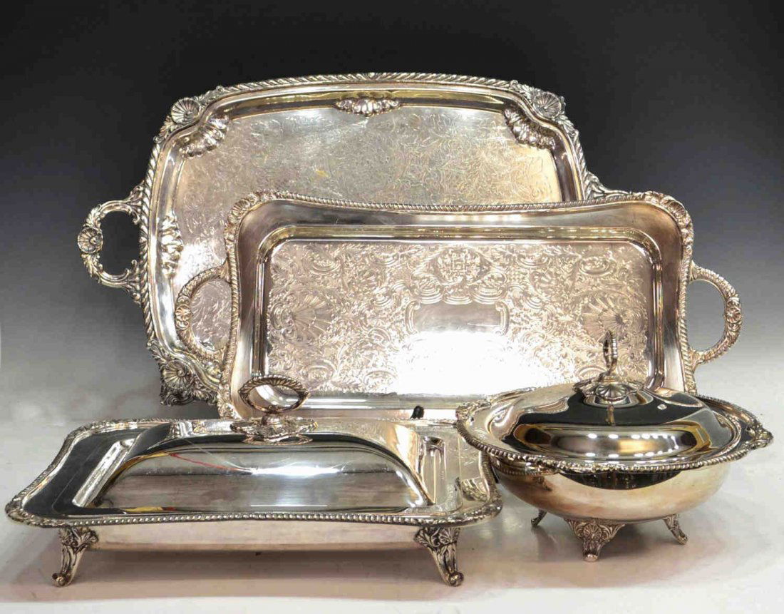 (4) FINE SILVER PLATE SERVICE & TABLEWARE: (lot of 4) Collection of Sheffield Silver Company/Reed & Barton Company silver plate tableware, retailed by Neiman Marcus, each in a scrolled foliate and shell motif, comprising: (1) lidded serving pl