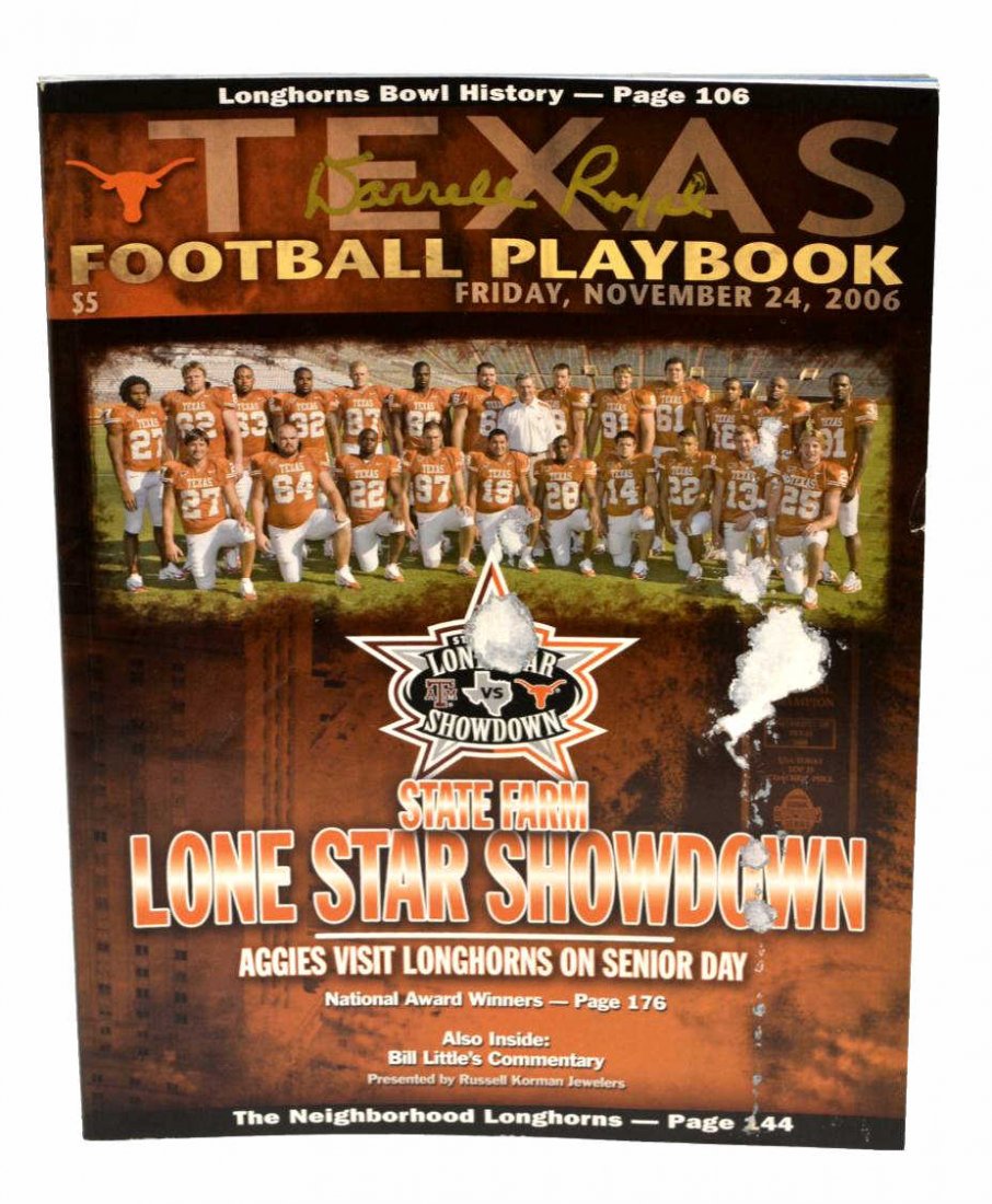 "TEXAS FOOTBALL PLAYBOOK", SIGNED DARRELL ROYAL: "Texas Football Playbook", November 24, 2006, UT vs. Texas A&M, signed at upper center cover Darrell Royal, some pages with loss and stuck together with residue, loss to cover, 11"h, 8.5"w **Provenanc