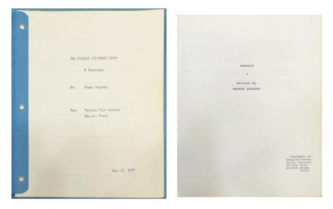 MANUSCRIPTS, UT FOOTBALL PLAYER FREDDIE STEINMARK: (lot of 2) Manuscript relating to Freddie Steinmark: (1) movie script with notes on first page from Edith Royal, "Freddie", Warren Skaaren, Skaaren-Downs, Austin, 113 pages, 11"h, 8.5"w; (1) "The Fred