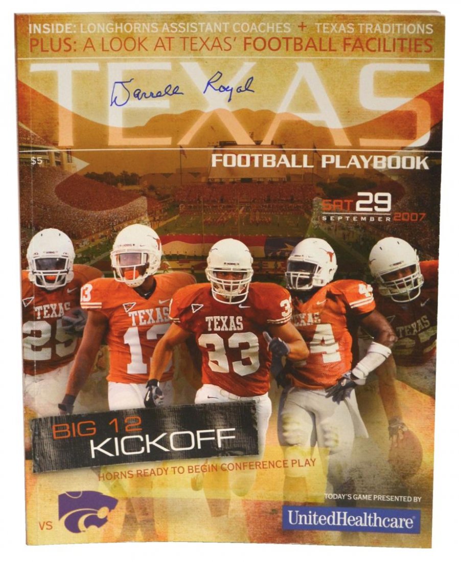 "TEXAS FOOTBALL PLAYBOOK", SIGNED DARRELL ROYAL: "Texas Football Playbook", September 29, 2007, UT vs. Kansas, signed cover top center Darrell Royal, 11"h, 8.5"d **Provenance: From the private collection of Coach Darrell K and Mrs. Edith Royal**Darr