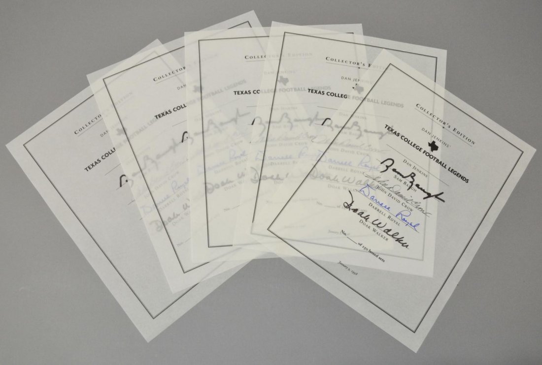 (5) ROYAL, BAUGH, WALKER, CROW AUTOGRAPH PAPERS: (lot of 5) Autographed papers, "Texas College Football Legends", an onion skin like page designed to be part of the first 250 boxed set of a planned but never published book, each page autographed Sam