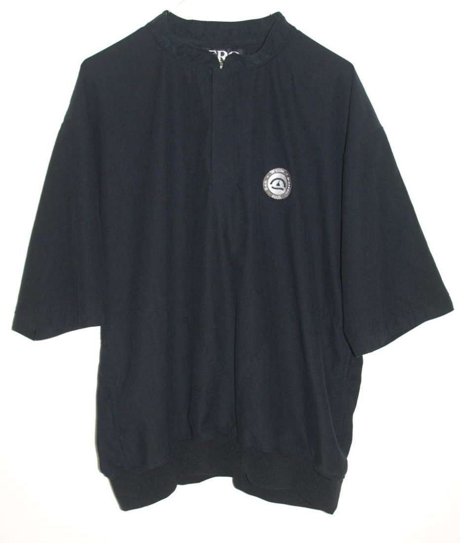 DARRELL ROYAL GOLF SHIRT, BEN, WILLIE, DARRELL: Golf shirt with "Ben, Willie, Darrell, 2005" sewn patch identifying the golf tournament sponsored by Ben Crenshaw, Willie Nelson and Darrell Royal, shirt by Zero Restriction Golf Outerware with label 