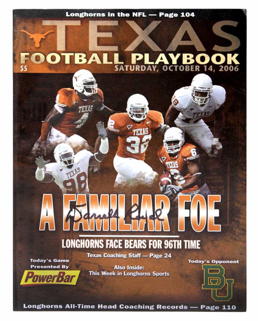"TEXAS FOOTBALL PLAYBOOK", SIGNED DARRELL ROYAL: "Texas Football Playbook", October 14, 2006, UT vs. Baylor, signed at lower center cover Darrell Royal, 11"h, 8.5"w **Provenance: From the private collection of Coach Darrell K and Mrs. Edith Royal**D