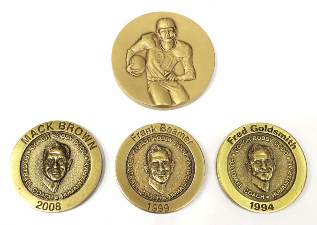 (4) BOBBY DODD AWARD COIN MEDALS, MACK BROWN, MORE: (lot of 4) College football medals: (3) Bobby Dodd Coach of the Year Awards including (1) 1994 Fred Goldsmith (coach Duke University, Rice University, 1992 Sports Illustrated Football Coach of the Yea