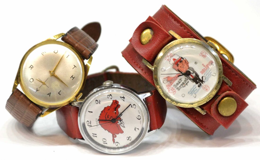 FOOTBALL WRISTWATCHES, EDITH ROYAL, BEAR BRYANT: (lot of 3) Vintage wristwatches pertaining to football: (1) watch honoring the First Lady of Texas football, 'Edith Royal' face wristwatch on reptile band, dial: 1.25"; (1) 'Alabama Bear Bryant Origin