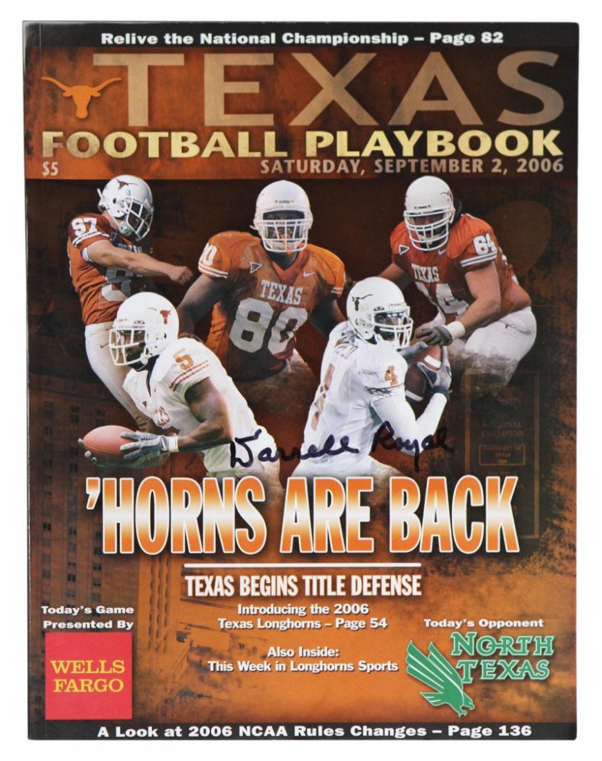 "TEXAS FOOTBALL PLAYBOOK", SIGNED DARRELL ROYAL: "Texas Football Playbook", September 2 2006, UT vs. North Texas, signed at lower center cover Darrell Royal, 11"h, 8.5"w **Provenance: From the private collection of Coach Darrell K and Mrs. Edith Roy