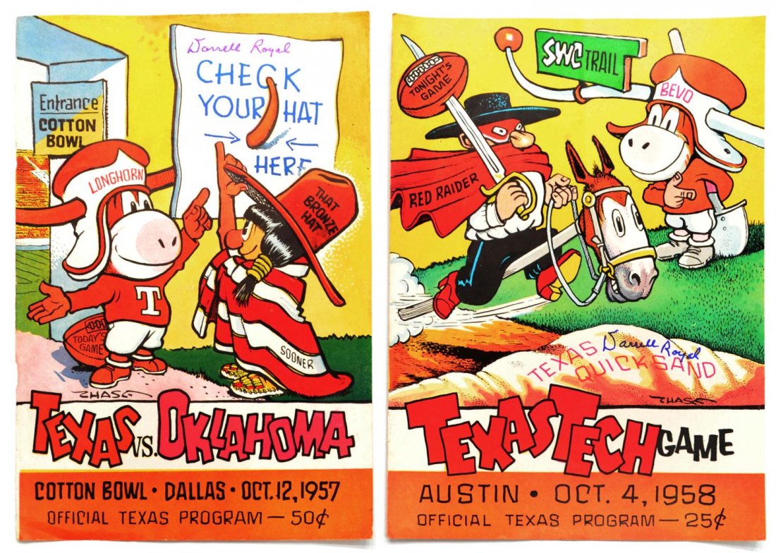 (2) 1957,1958 UT GAME PROGRAMS, DARRELL ROYAL: (lot of 2) Cover of Official Texas program, Texas vs. Oklahoma, Cotton Bowl, October 12, 1957, signed Darrell Royal, together with Official program (2 pages), Texas vs. Texas Tech, October 4, 1958, si