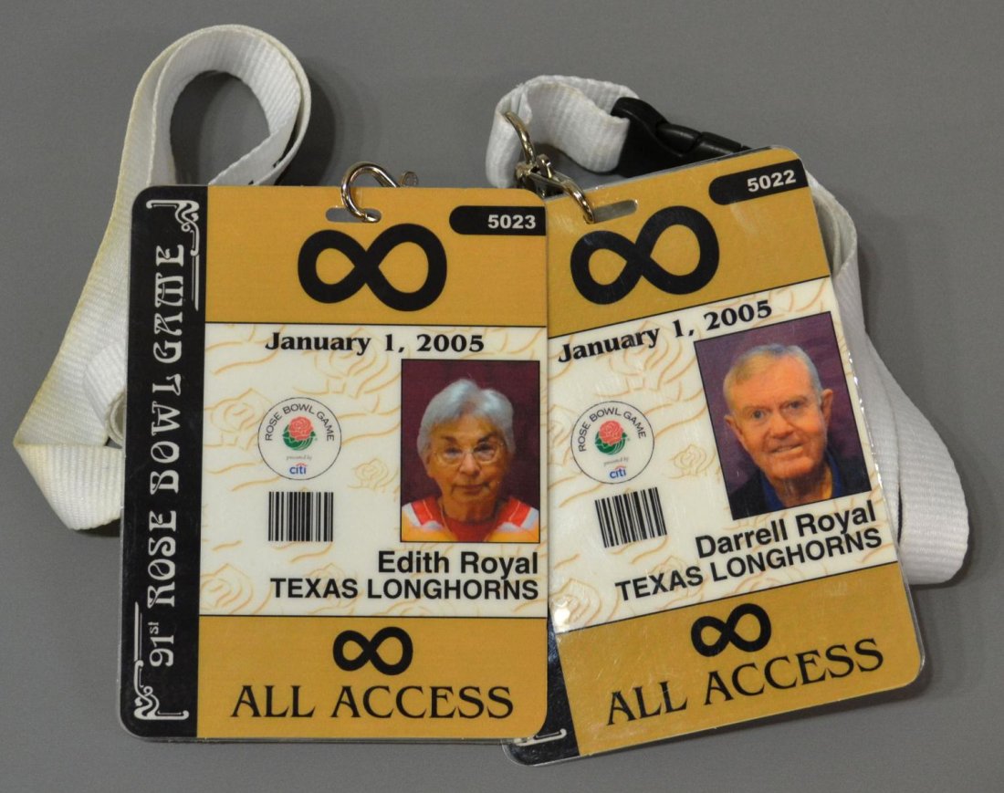 DARRELL & EDITH ROYAL ROSE BOWL GAME PASSES: (lot of 3) Two all access game passes, 91st Rose Bowl Game, January 1, 2005, Darrell Royal and Edith Royal, each with photo, laminated plastic with lanyards, pass: 5"h, 4.75"w, together with (1) Execu