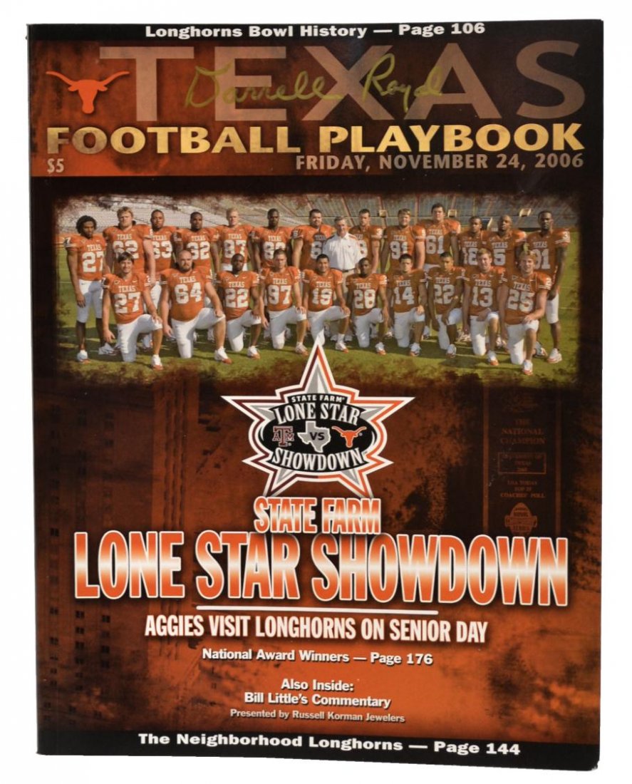 "TEXAS FOOTBALL PLAYBOOK", SIGNED DARRELL ROYAL: "Texas Football Playbook", November 24, 2006, UT vs. Texas A&M, signed at upper center cover Darrell Royal, 11"h, 8.5"w **Provenance: From the private collection of Coach Darrell K and Mrs. Edith Roya