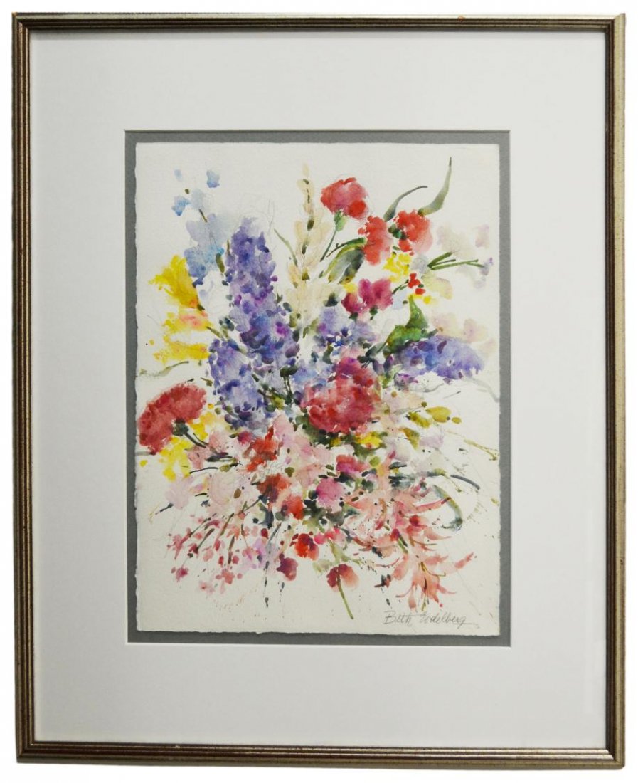 FRAMED WATERCOLOR, FLOWERS, BETH EIDELBERG, TEXAS: Framed pencil and watercolor on watercolor paper, Floral Arrangement, pencil signed lower right Beth Eidelberg (Texas, 20th c.), short biography on artist verso, sight: 14.75"h, 11.25"w, overall: 23"h