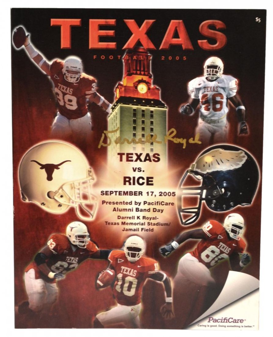 "TEXAS FOOTBALL PLAYBOOK", SIGNED DARRELL ROYAL: "Texas Football Playbook", September 17, 2005, UT vs. Rice, signed at center cover Darrell Royal, 11"h, 8.5"w **Provenance: From the private collection of Coach Darrell K and Mrs. Edith Royal**Darrell