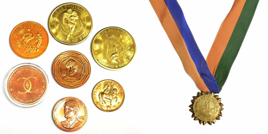 (8) VINTAGE & OTHER COIN FORM FOOTBALL MEDALS: (lot of 8) Vintage and newer medals, most pertaining to football, including: (2) College Football Hall of Fame Grand Opening & Dedication, August 25, 1995, 1.75"d; (1) Jim Thorpe Commission Recognizin