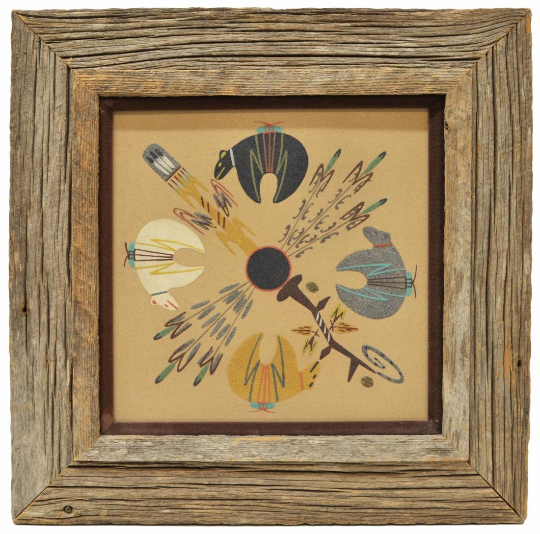 NATIVE AMERICAN SAND PAINTING, DARRELL ROYAL: Framed Native American sand painting, 'Four Plant & Bean', gallery tag verso reading R. Price, Sheep Springs, New Mexico, title, sight: 11.5"h, 11.5"w, overall: 19"h, 19w, 4.25lbs **Provenance: From t