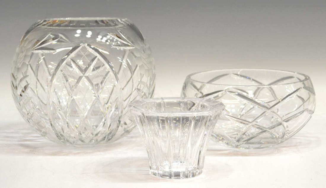 (3) LARGE CUT CRYSTAL ROSE BOWL & ORREFORS VASE: (lot of 3) Collection of colorless crystal vases and bowls, comprising: (1) Orrefors crystal vase of paneled and tapered form, retaining original sticker, 3.25"h, 4.75"diam; (1) large cut glass rose b