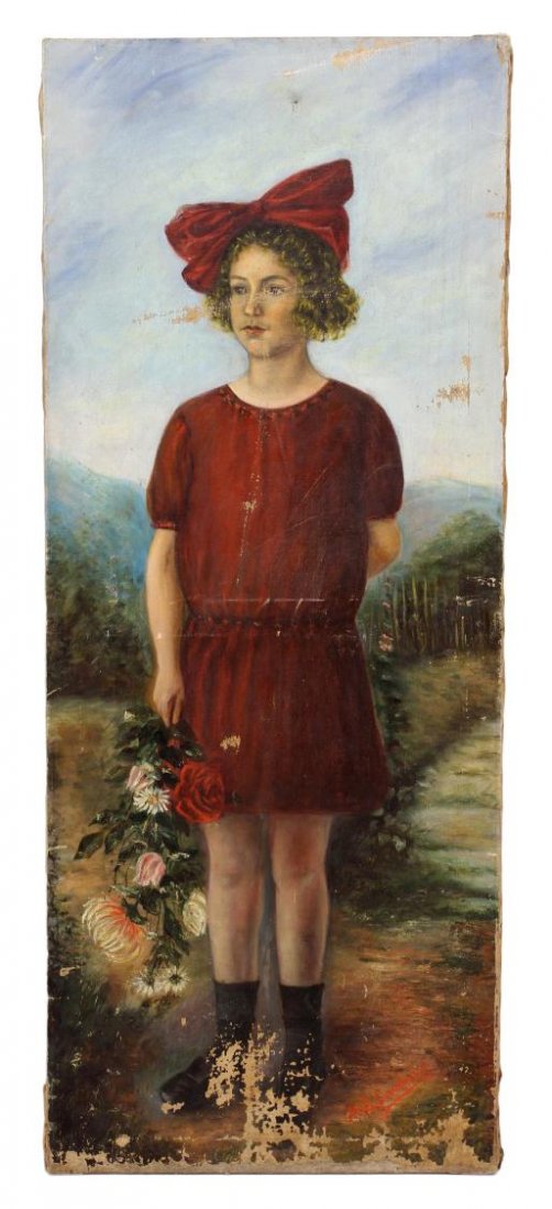 PAINTING, GIRL IN RED, M.E. FERNANDEZ: Unframed 19th c. oil painting on canvas, Girl in Red, signed lower right M.E. Fernandez, substantial paint loss, 56"h, 22.5"w, 5.25lbs **Provenance: From the private collection of Mr. Beau Theriot, re