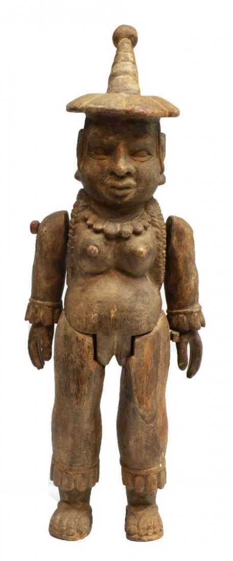 LARGE FOLK ART ARTICULATED WOOD FIGURE, MEXICO: Large Folk art carved wood figure, Mexico, the jointed figure having braided hair and pointy hat, some wear, 34.75"h, 6lbs **Provenance: From the private collection of Mr. Beau Theriot, renowned Texas