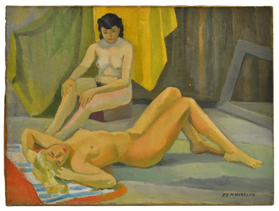 SIGNED OIL PAINTING, TWO NUDE WOMAN: Unframed oil painting on canvas, Two Nude Women, signed, dated lower right, M. Horclois '53 (Marcel Horclois, French, 1914-2011), overall: 24"h, 32"w, 2.5lbs **Provenance: From the private collection 