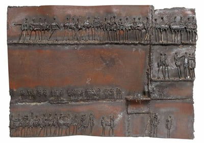 AGNESE UDINOTTI (B.1940) BRUTALIST METAL RELIEF SCULPTURE, CROWDED ROOM