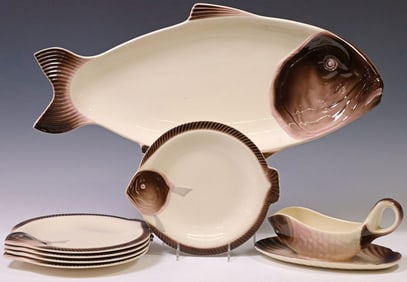 (7) FRENCH LONGWY COPENHAGUE FAIENCE FISH SERVICE